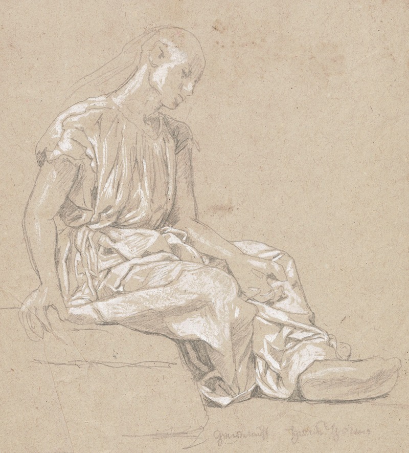 Hans Thoma - Study of the figure of a woman sitting on a stone, dressed in a long, creased dress. Study of a costume