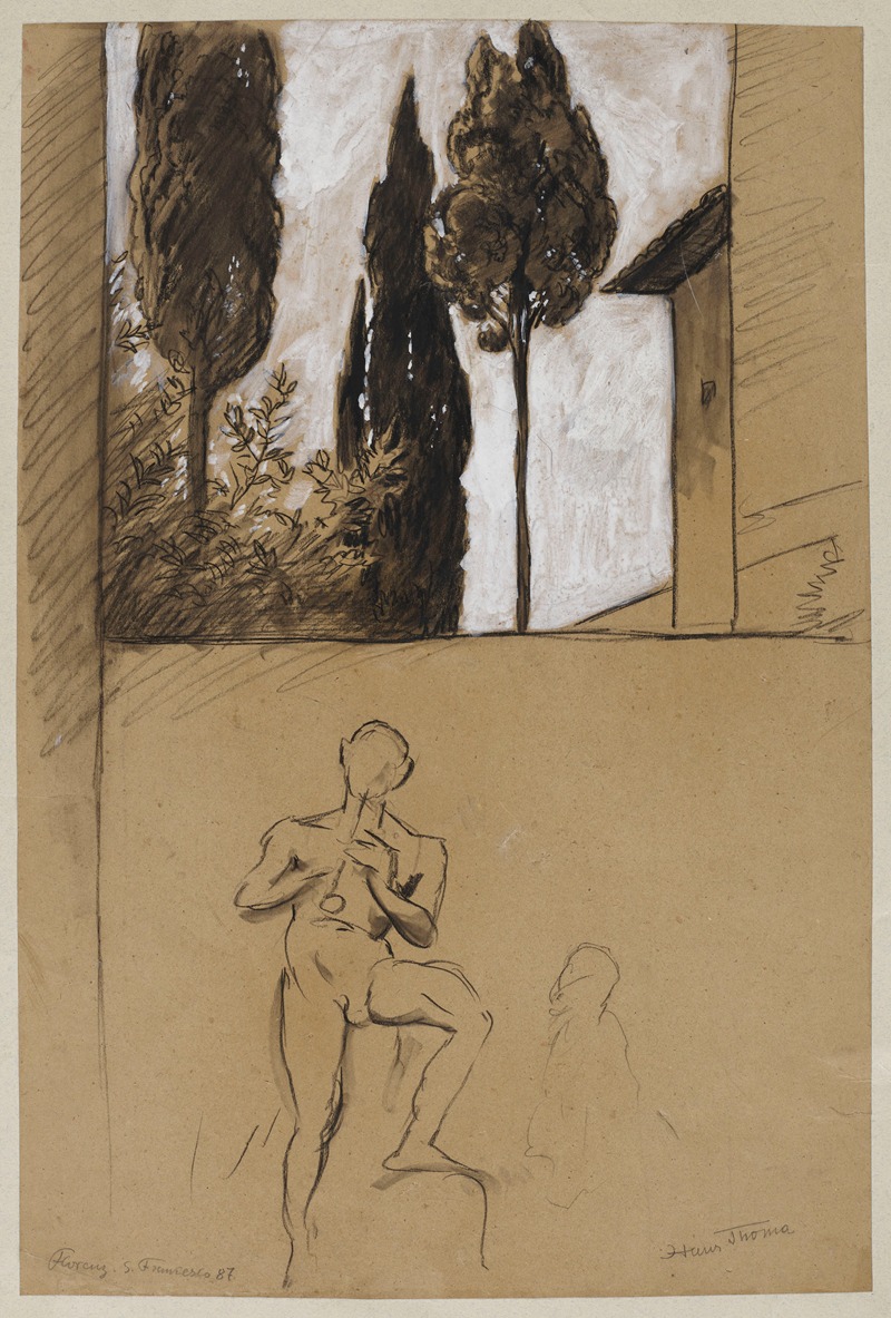 Hans Thoma - Surroundings of St Francis Monastery in Florence, Outline of a Man Playing the Pipe