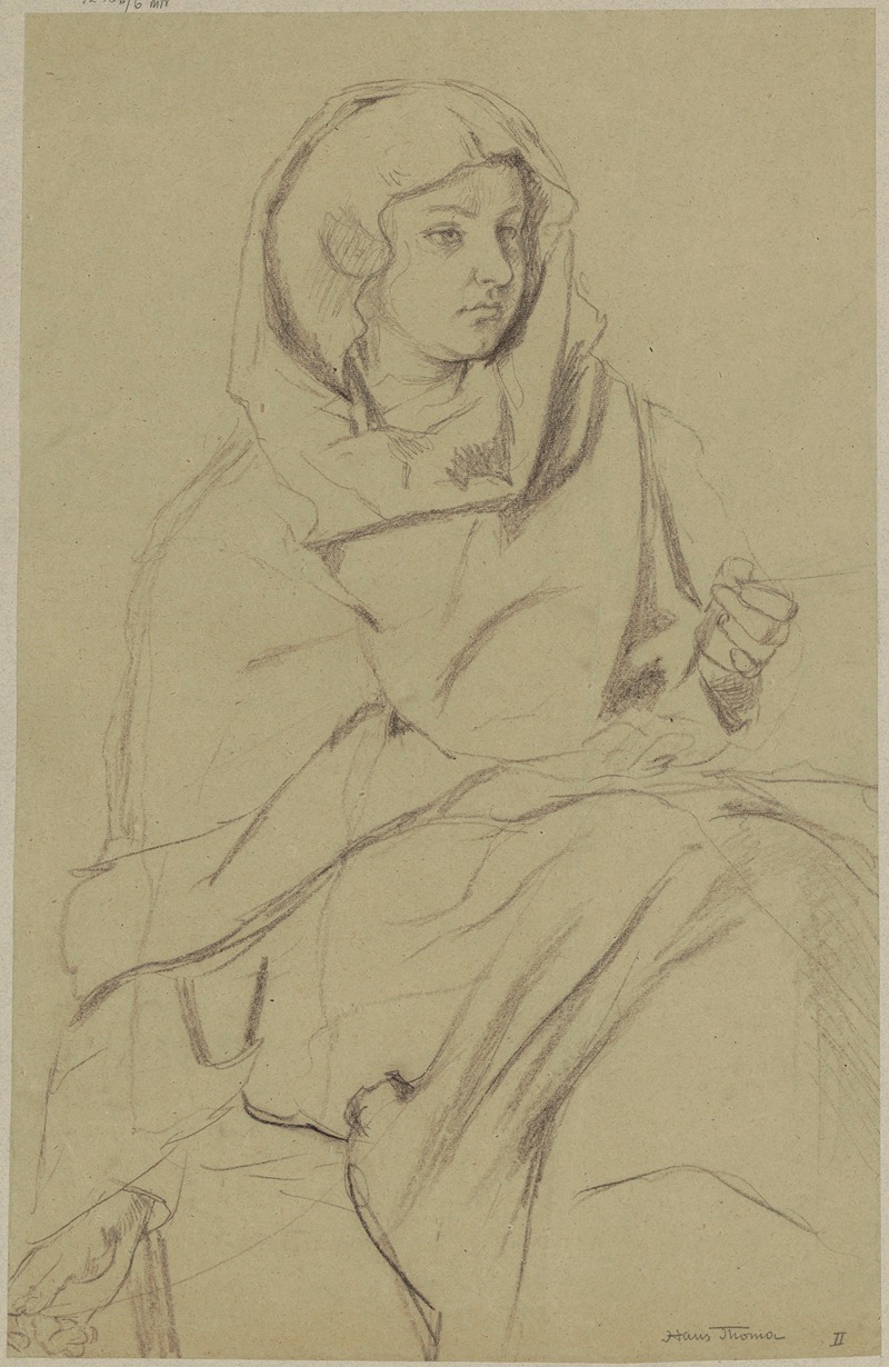 Hans Thoma - Woman in a strongly creased robe and a scarf on her head spinning a thread