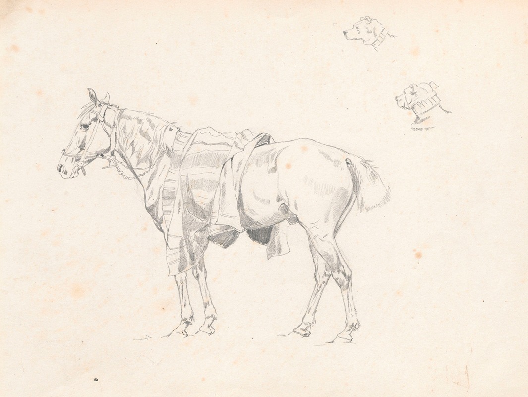 Jozef Brandt - Horse covered with saddlecloth, from the side and sketches of dog’s head