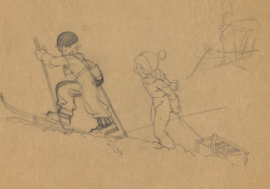 René Vincent - La petite skieuse et son amie tirant leur traineau