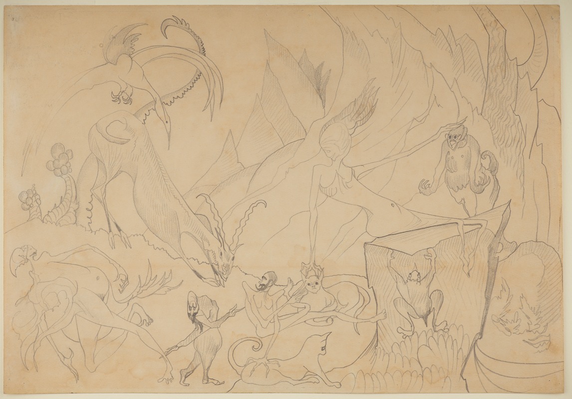 Stanisław Ignacy Witkiewicz - Composition – fantastic figures and animals with a landscape in the background