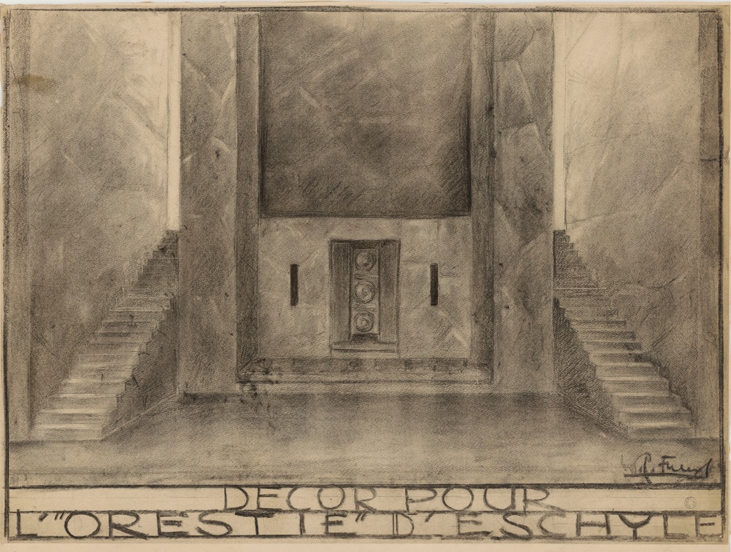 Walter-René Fuerst - L’Orestie – maquette de décor – Entrée de temple encadrée par deux escaliers