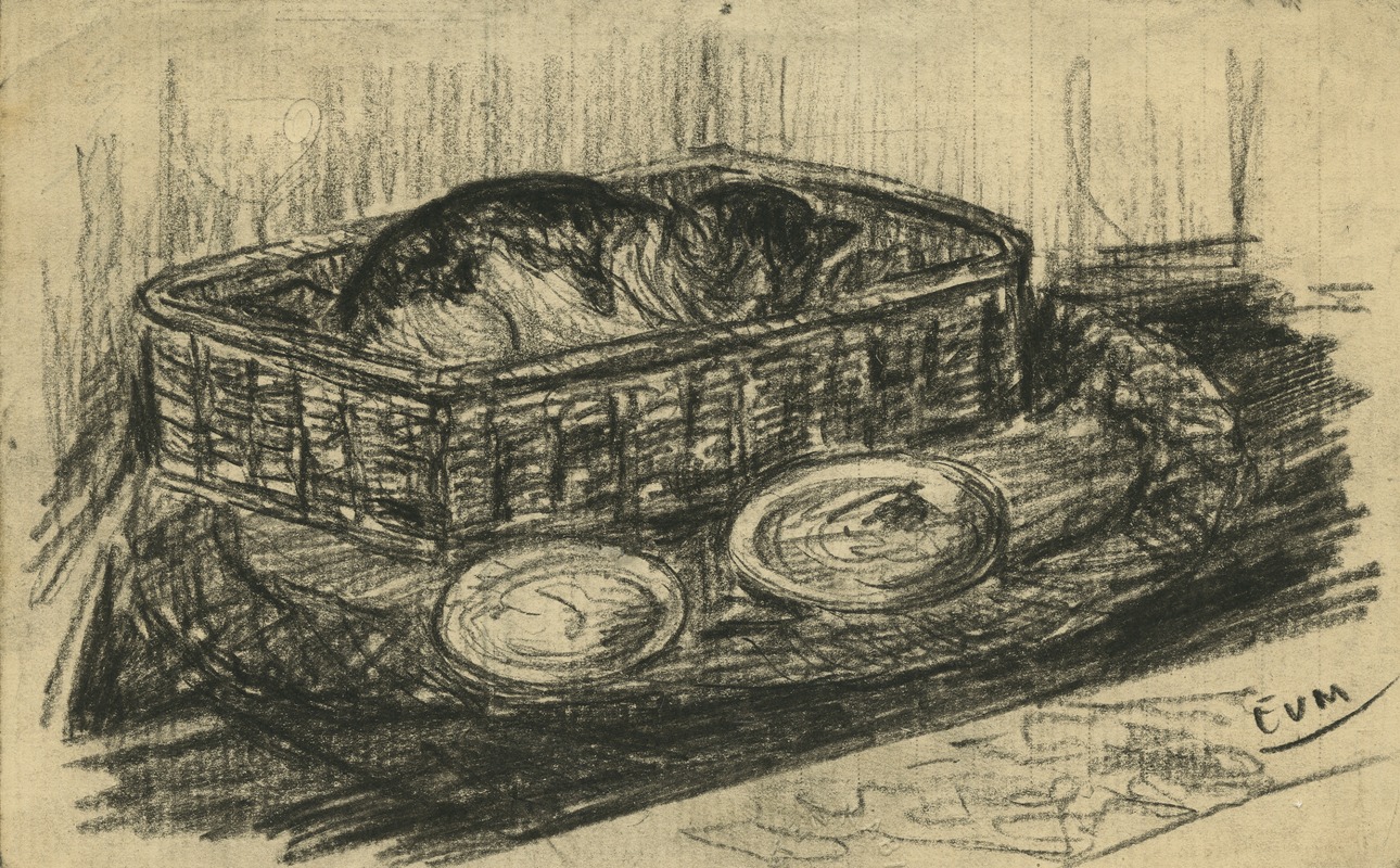 Eugeen Van Mieghem - Een studie van een slapende kat, liggend in haar mand. Voor de mand staan 2 bordjes voor melk of eten.