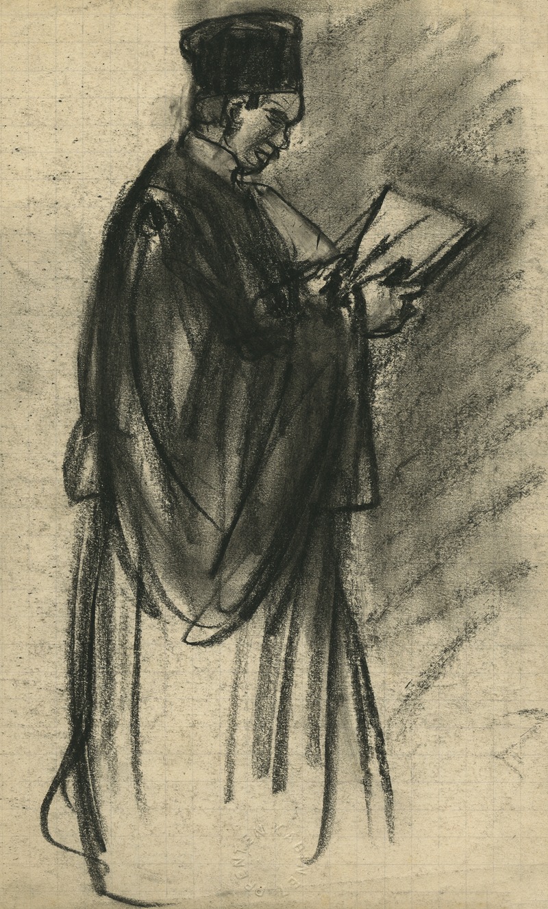 Eugeen Van Mieghem - Portret van een staande man in toga (profiel). In zijn handen papieren die hij leest.