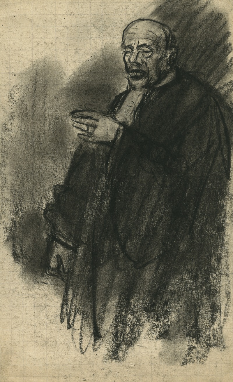 Eugeen Van Mieghem - Portret van een staande man in toga. Linkerhand in de lucht.