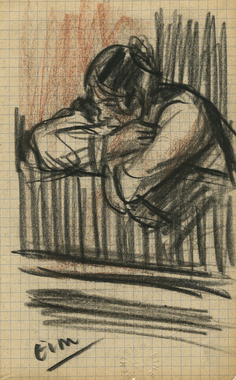 Eugeen Van Mieghem - Portret van een vrouw in profiel, geleund over zetelrand, naar beneden kijkend.