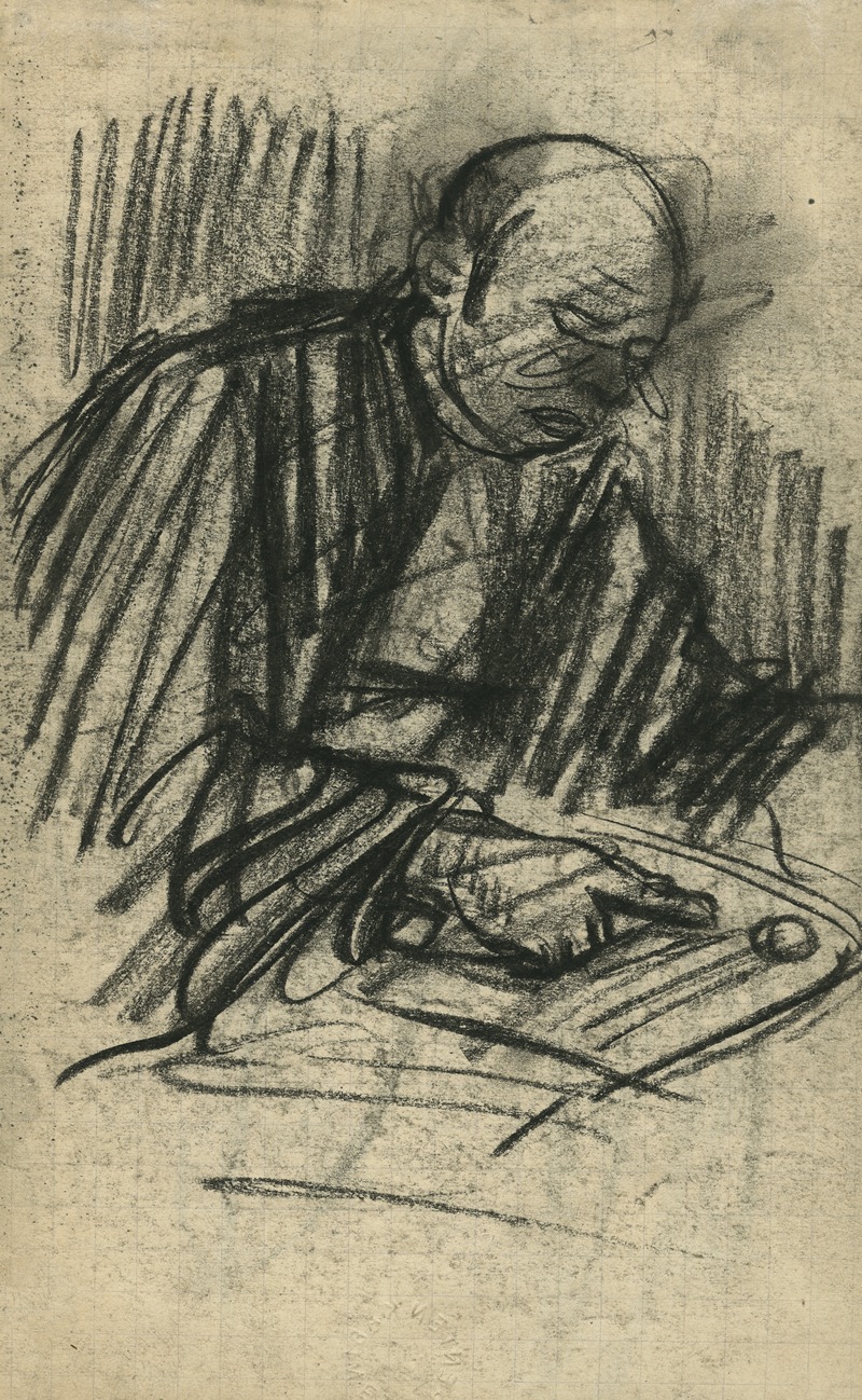 Eugeen Van Mieghem - Portret van een zittende, lezende man. Rechterhand (wijsvinger) op de papieren.