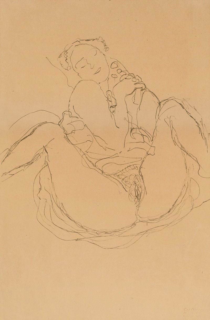 Gustav Klimt - Mit verschränkten Händen sitzender Halbakt
