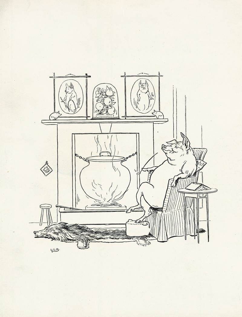 Leonard Leslie Brooke - Pig sits by the fire on the wolf rug