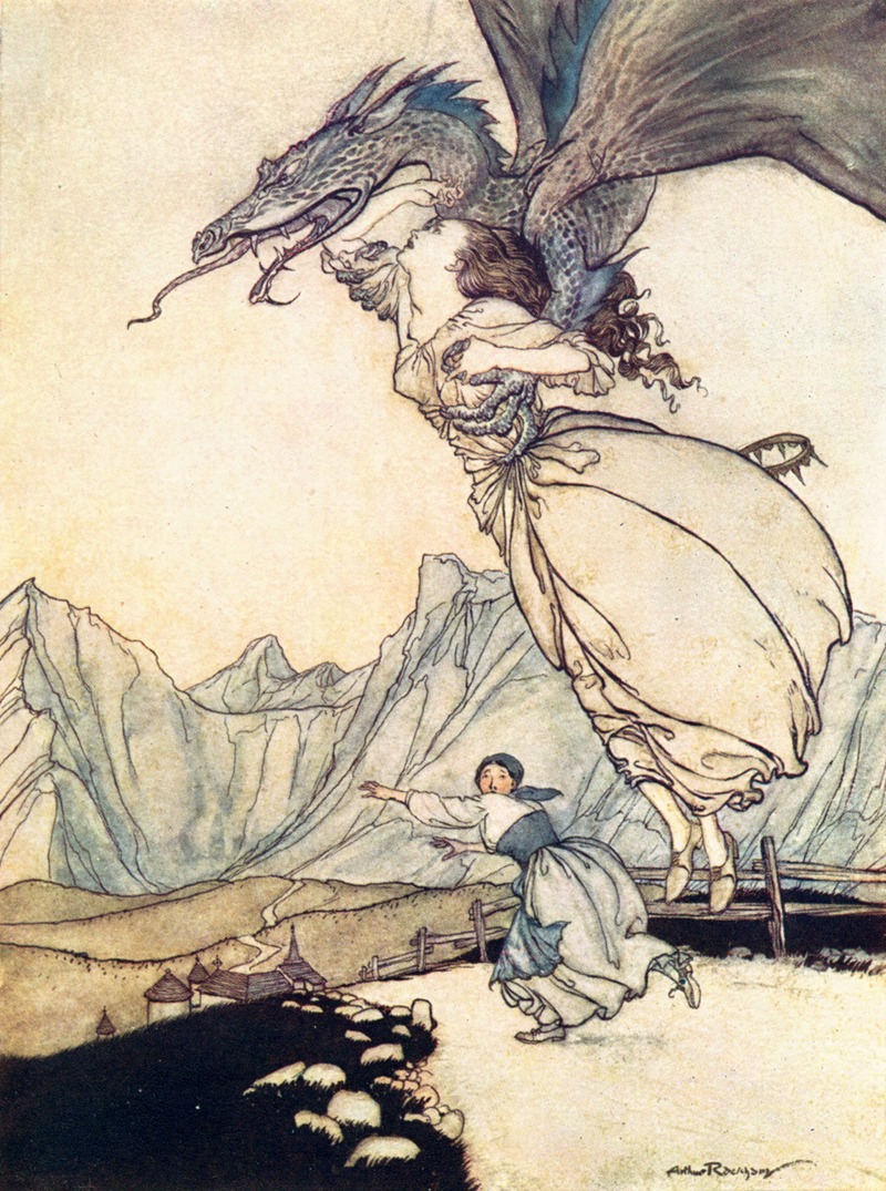 Arthur Rackham - The dragon flew out and caught the queen on the road and carried her away