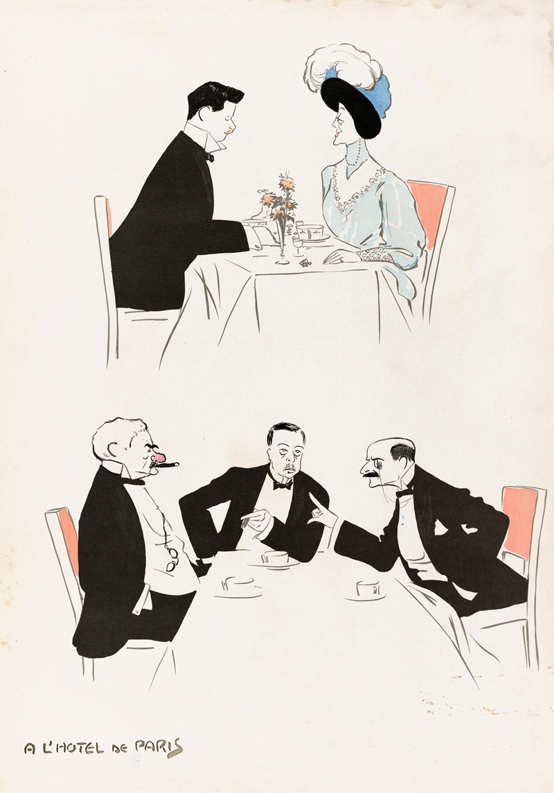 Georges Goursat (Sem) - A L’Hotel de Paris (two tables, one with J. P. Morgan