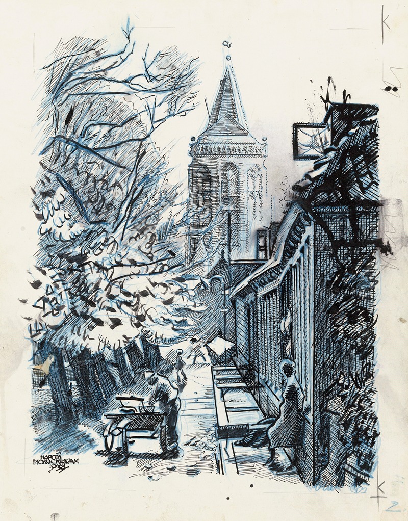 Martin Monnickendam - Straatje met gezicht op de St. Nicolaaskerk te Monnickendam