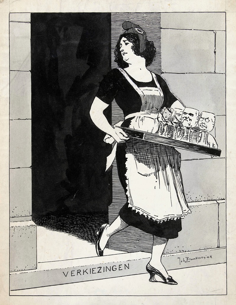 Johan Braakensiek - Ontwerp voor illustratie in De Amsterdammer; De Nederlandse Maagd als dienstmeid met een blad glazen struikelt over het afstapje Verkiezingen (17 Mei 1924)