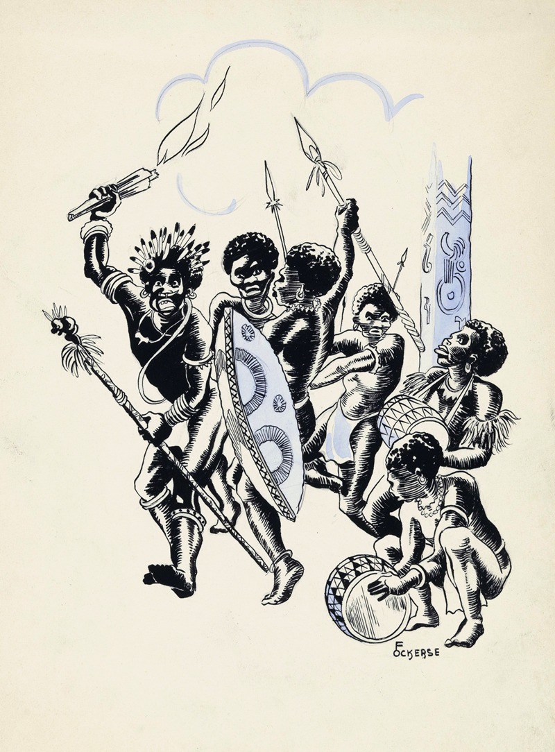 F. Ockerse - Nieuw-Guinees volk dansend rond een totempaal