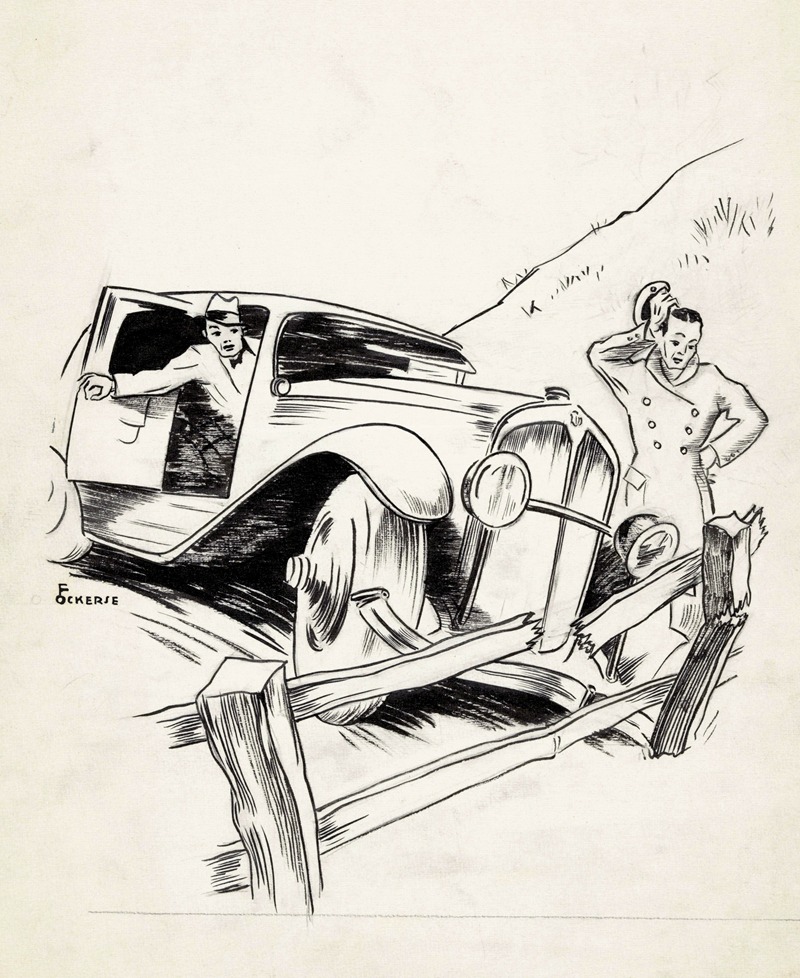F. Ockerse - Mannen rijden met een auto tegen een hek