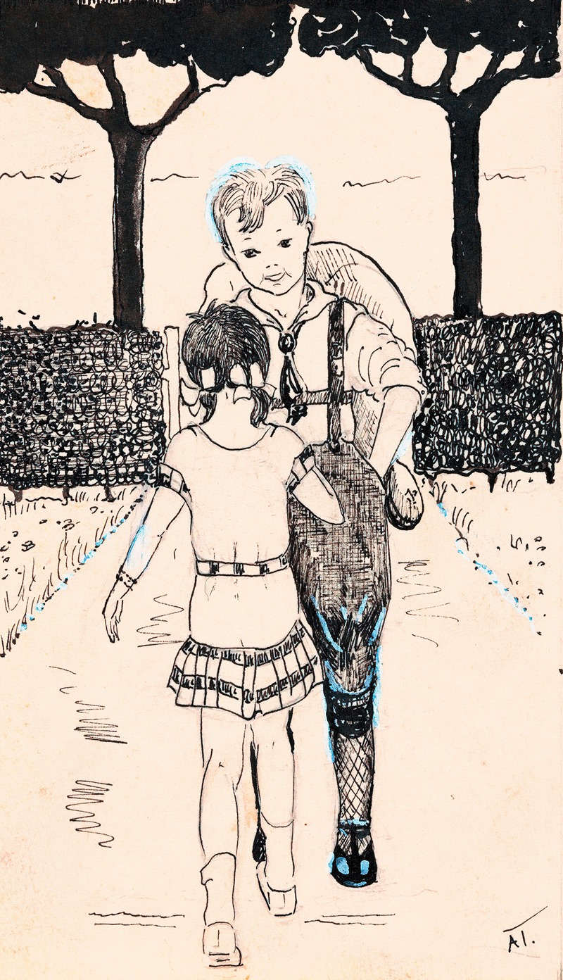 A. Tinbergen - Jongen en meisje op een tuinpad
