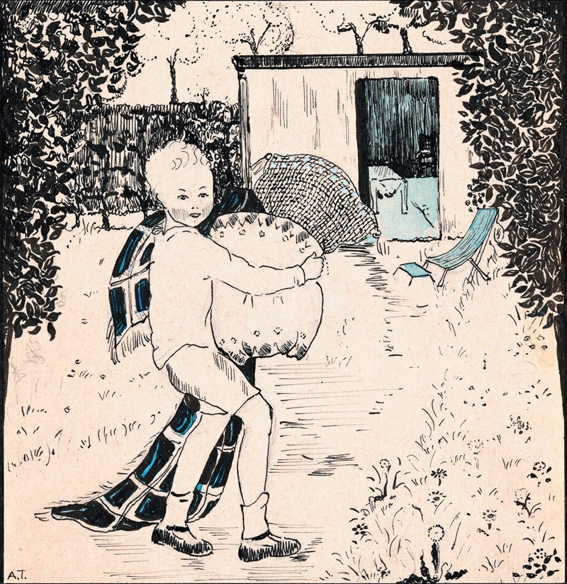 A. Tinbergen - Jongen met kussens en deken in een tuin