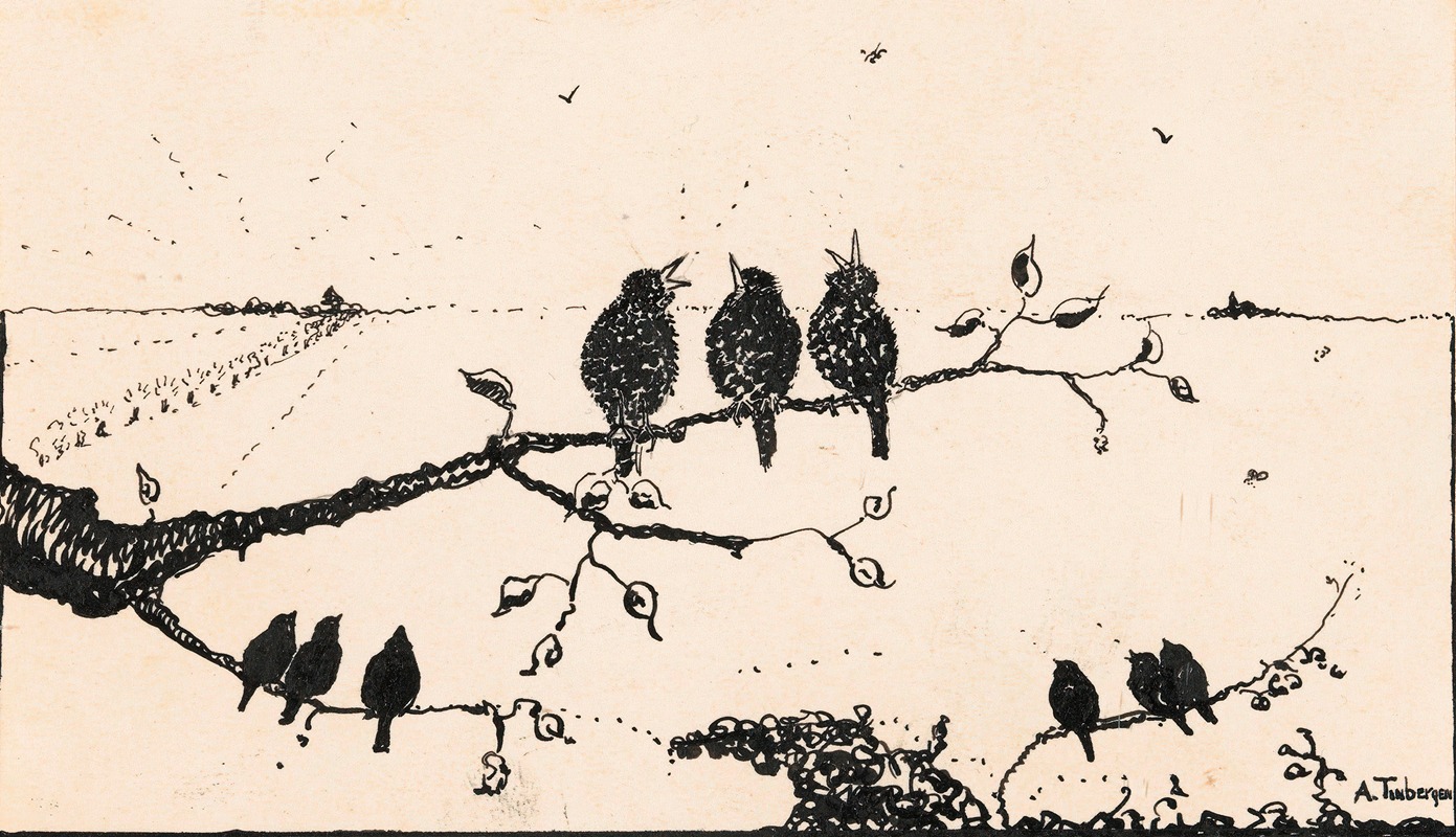 A. Tinbergen - Negen vogels op boomtakken