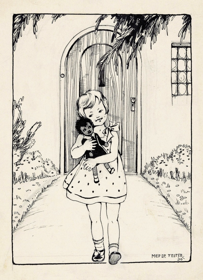 Miep de Feijter - Meisje met pop op een tuinpad