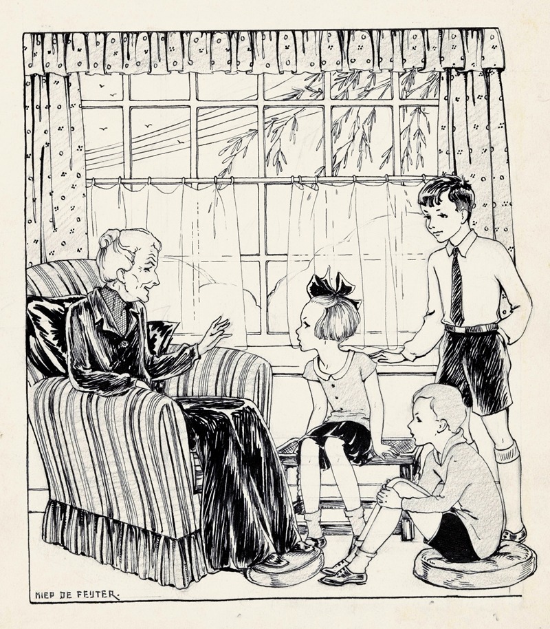 Miep de Feijter - Interieur met een oude vrouw en drie kinderen