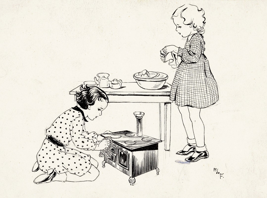 Miep de Feijter - Twee meisjes spelend met een speelgoedfornuis
