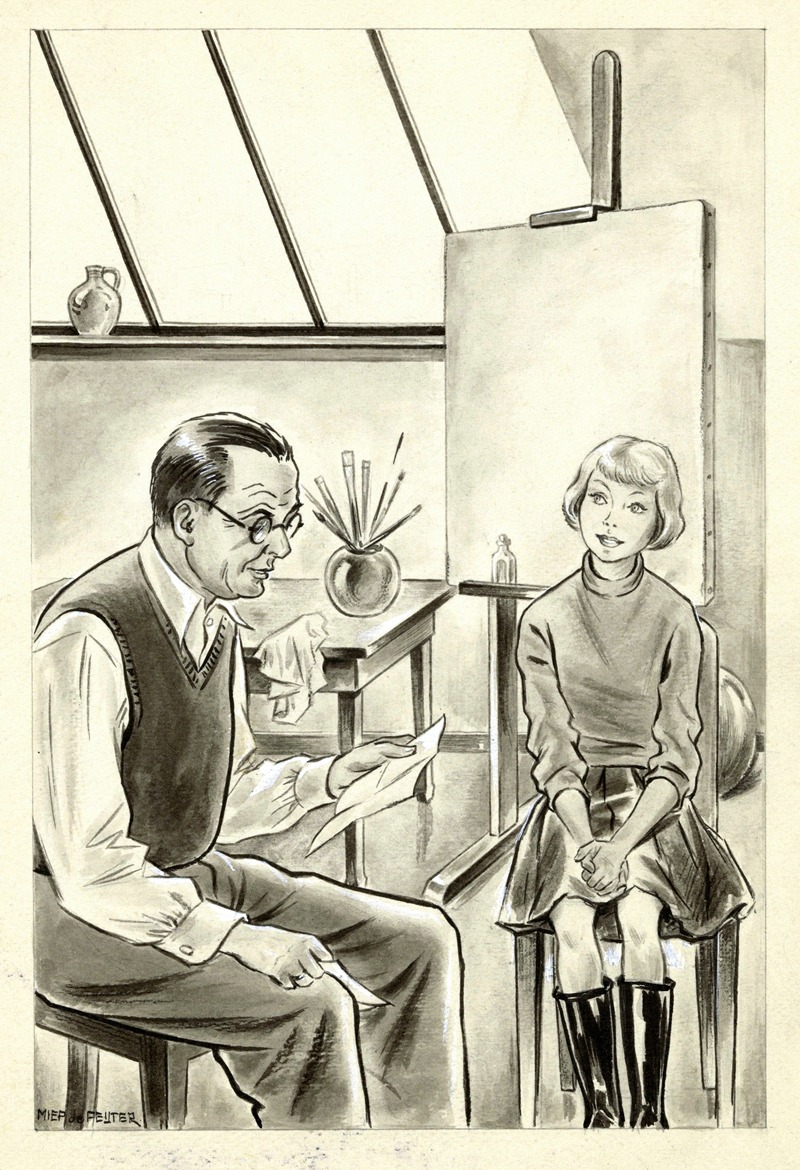 Miep de Feijter - Man en meisje in een schildersatelier