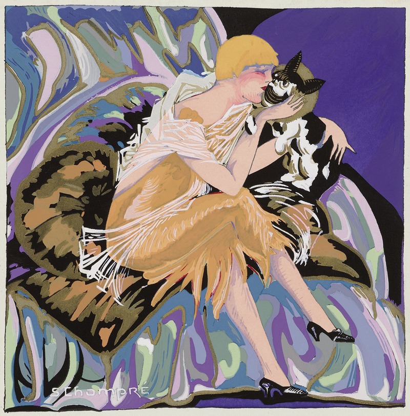 S. Chompré - Zittende vrouw met een kat