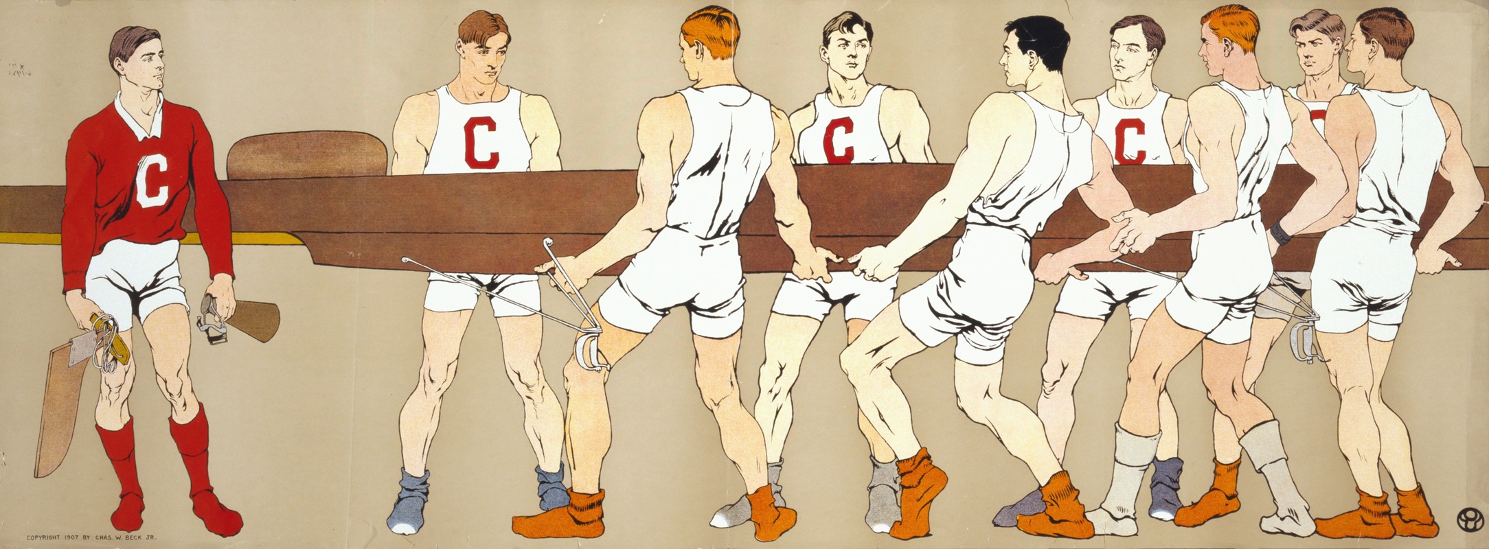 Edward Penfield - Cornell crew team holding a boat; on left is team coxswain