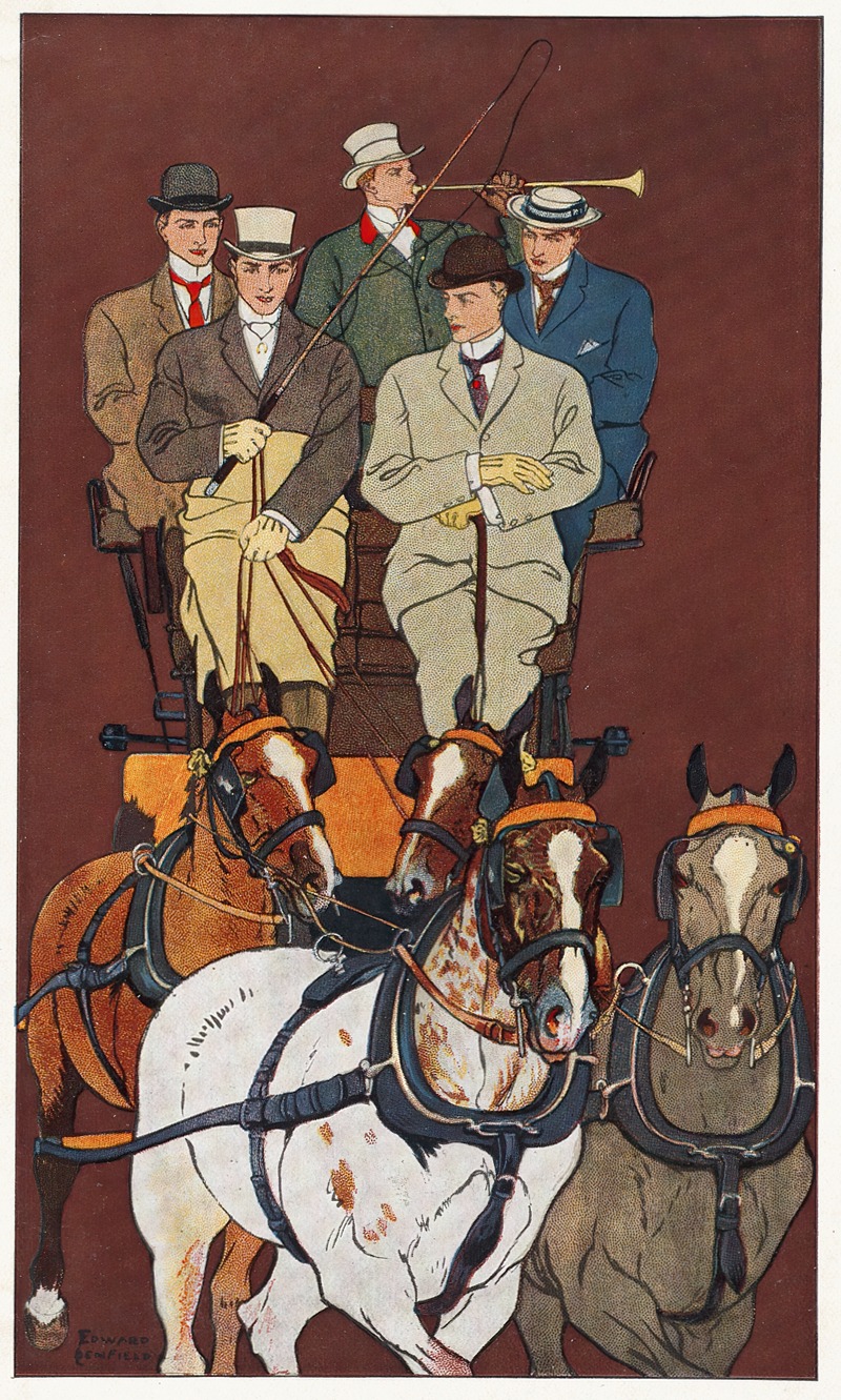 Edward Penfield - Five men riding in a carriage drawn by four horses