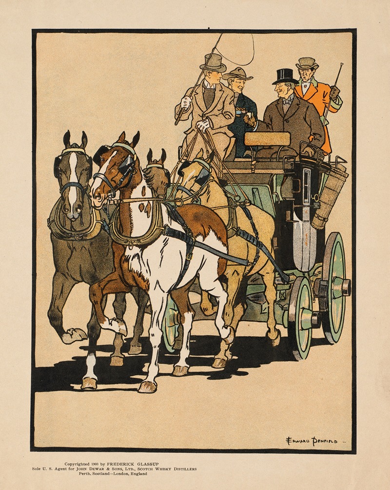 Edward Penfield - Four men riding on top of a carriage being drawn by four horses