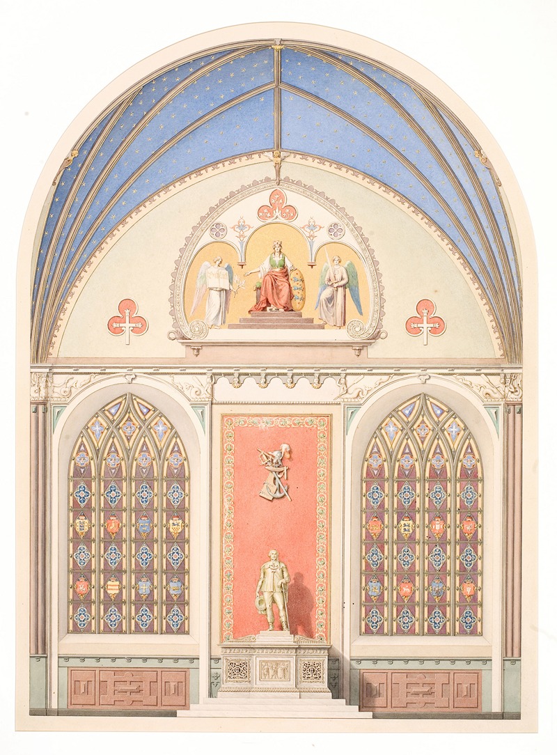 Heinrich Eddelien - Udkast til hvælvingens dekoration i Christian IV’s kapel i Roskilde Domkirke. Udsmykning i midten med statue af Christian IV