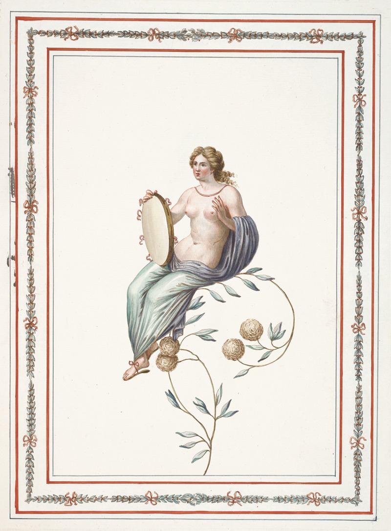 Pierre-Jean Mariette - Partially nude woman sitting on flowering branch, holding tambourine.