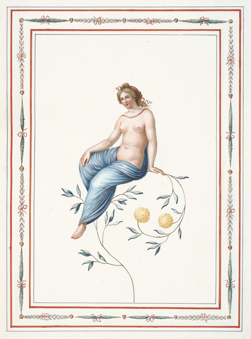 Pierre-Jean Mariette - Partially nude woman sitting on flowering branch.