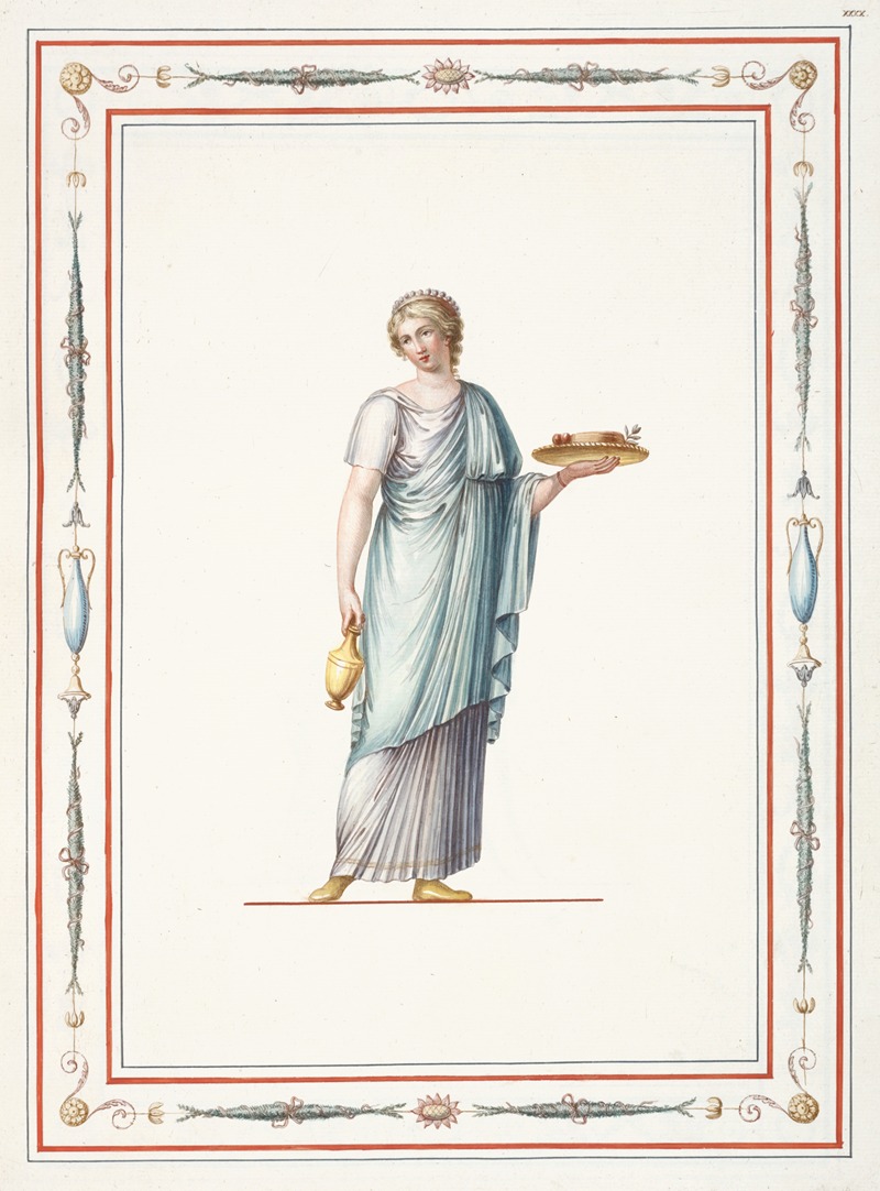Pierre-Jean Mariette - Woman in classical dress holding vase and platter of food.