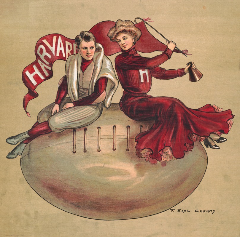 F. Earl Christy - Harvard football poster featuring male player and female spectator