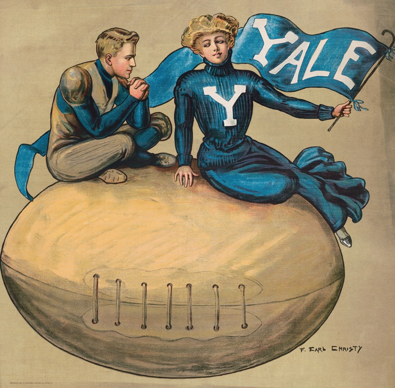 F. Earl Christy - Man and woman sitting on giant football with a Yale flag