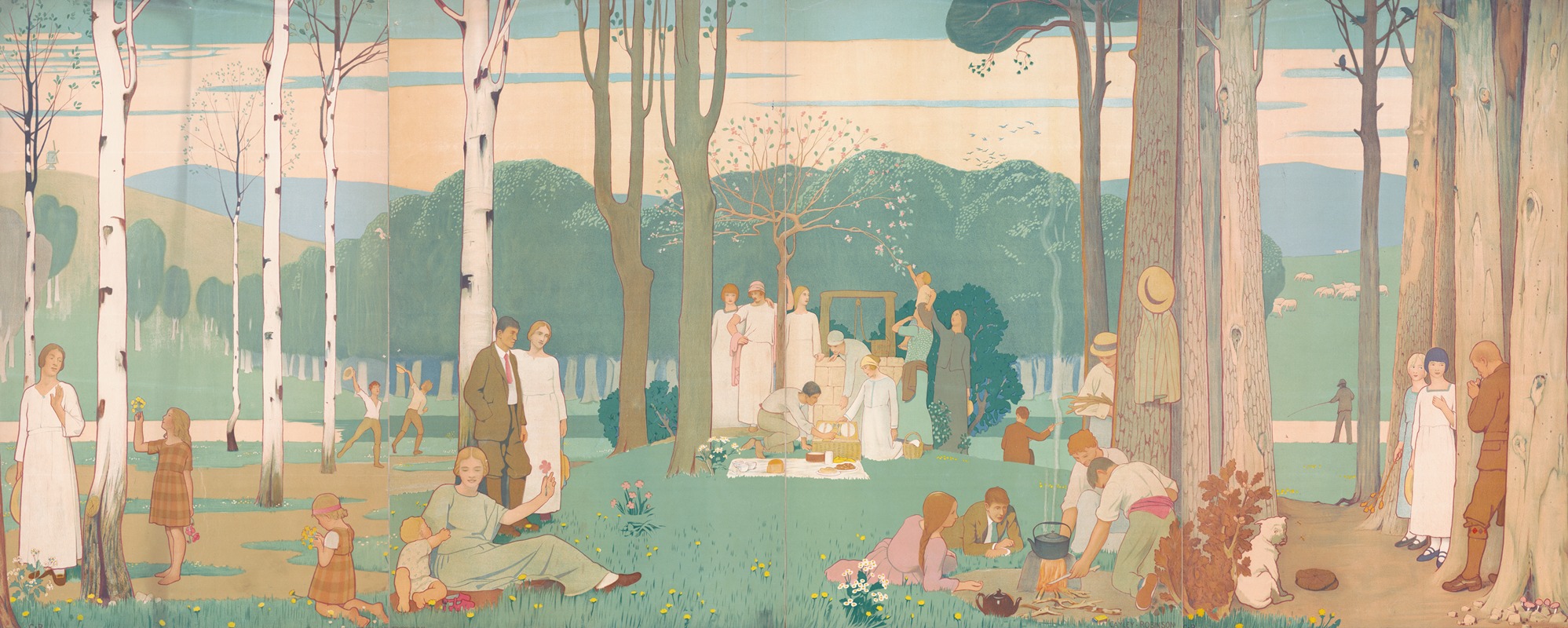 Frederick Cayley Robinson - Uomini, donne e bambini a un picnic nel parco. 