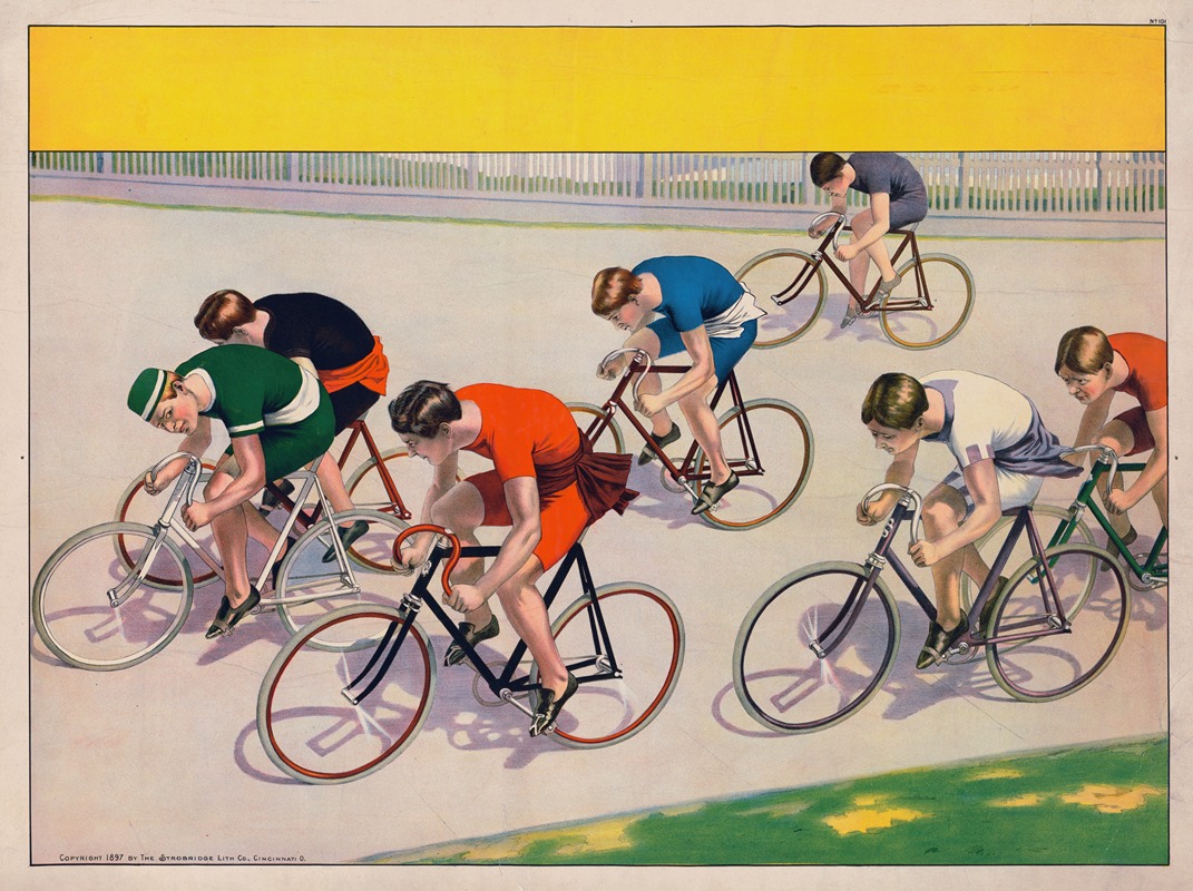 Strobridge Lith. Co. - Seven bicyclists racing
