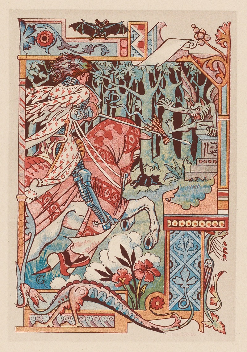 Eugène Grasset - Chevalier sur son cheval pointant sa lance contre un diablotin