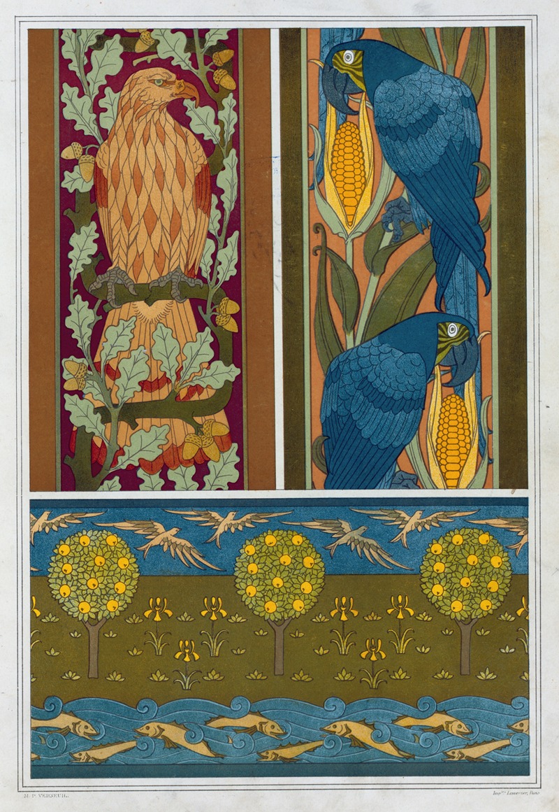 Maurice Pillard Verneuil - Aigle et chêne, aras et maïs, bordures. Poissons et oiseaux, frise.