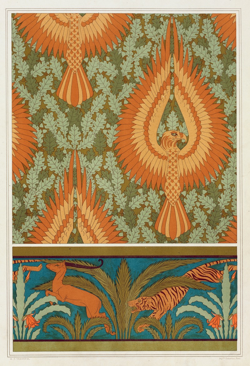 Maurice Pillard Verneuil - Aigles et chêne, papier peint. Antilopes, tigres, cactus et palmiers, bordure.