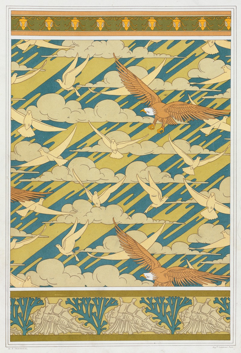 Maurice Pillard Verneuil - Carpocoris, bordure. Aigles et pigeons, papier peint. Coquillages et algues, bordure.