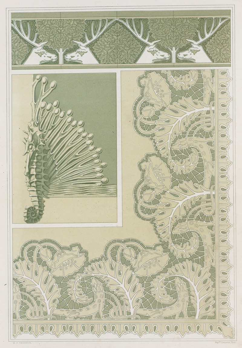 Maurice Pillard Verneuil - Cerfs et noisetiers, bordure, carreaux céramiques; hippocampe et algues, pied de coffret, bronze; lézards et pavots, broderie