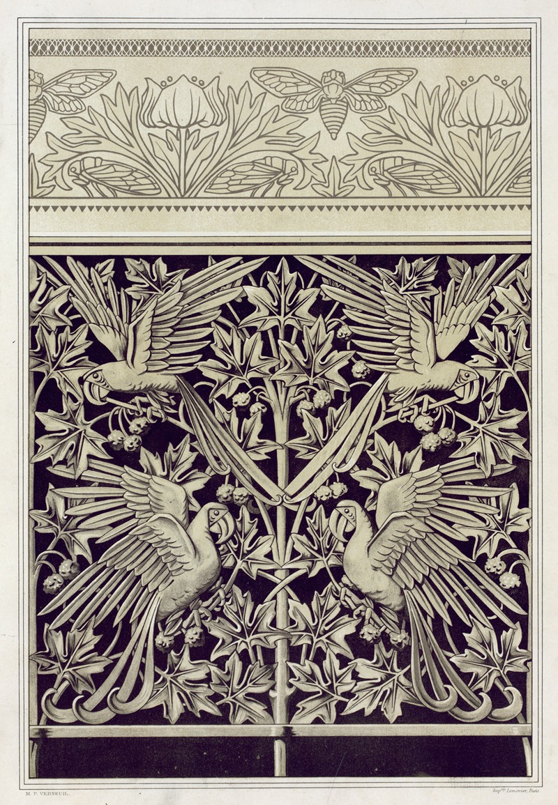 Maurice Pillard Verneuil - Cigales et anémones, bordure de napperon. Aras et platane, fonte.