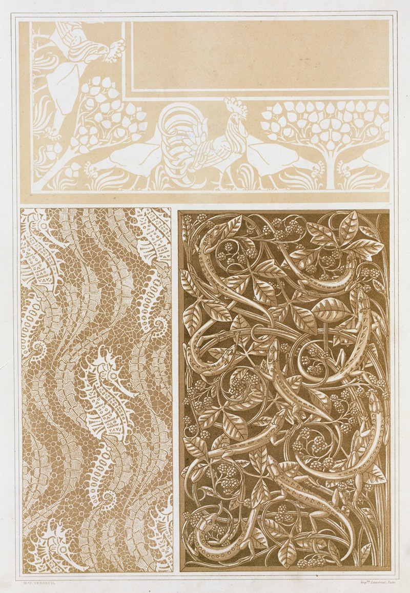 Maurice Pillard Verneuil - Coqs et poules, damassé; hippocampes et algues, dentelle; lézards et ronces, grille en bronze