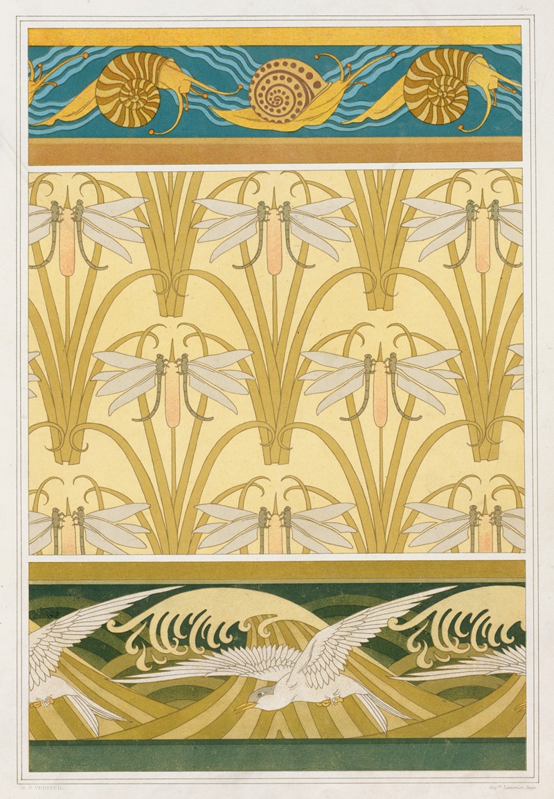 Maurice Pillard Verneuil - Escargots, bordure. Libellule et roseaux, papier peint. Mouettes, bordure.