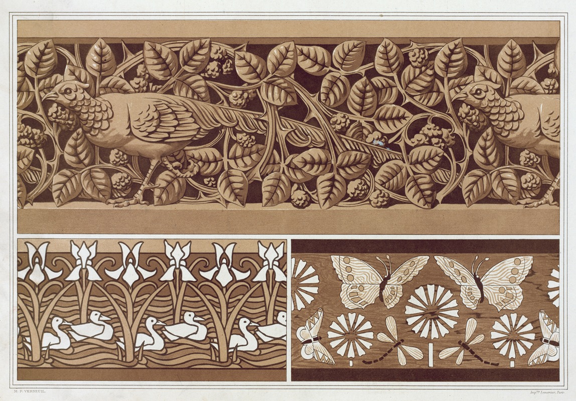 Maurice Pillard Verneuil - Faisan et ronces, bois sculpté à jour. Papillons et libellules, marqueterie. Canards et iris, pochoir.