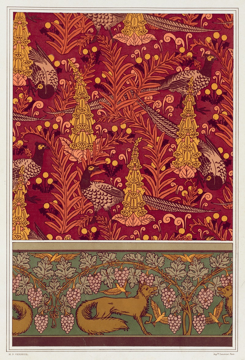 Maurice Pillard Verneuil - Faisans ordinaires, digitales, fougères et pissenlit, étoffe imprimée. Renard, oiseaux et vigne, bordure.