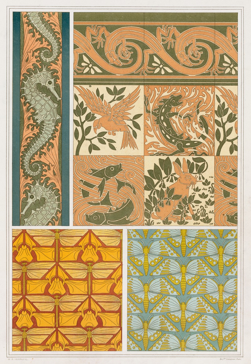 Maurice Pillard Verneuil - Hippocampes et algues, bordure. Les quatre éléments, carreaux céramiques, et lézards, bordure.1897